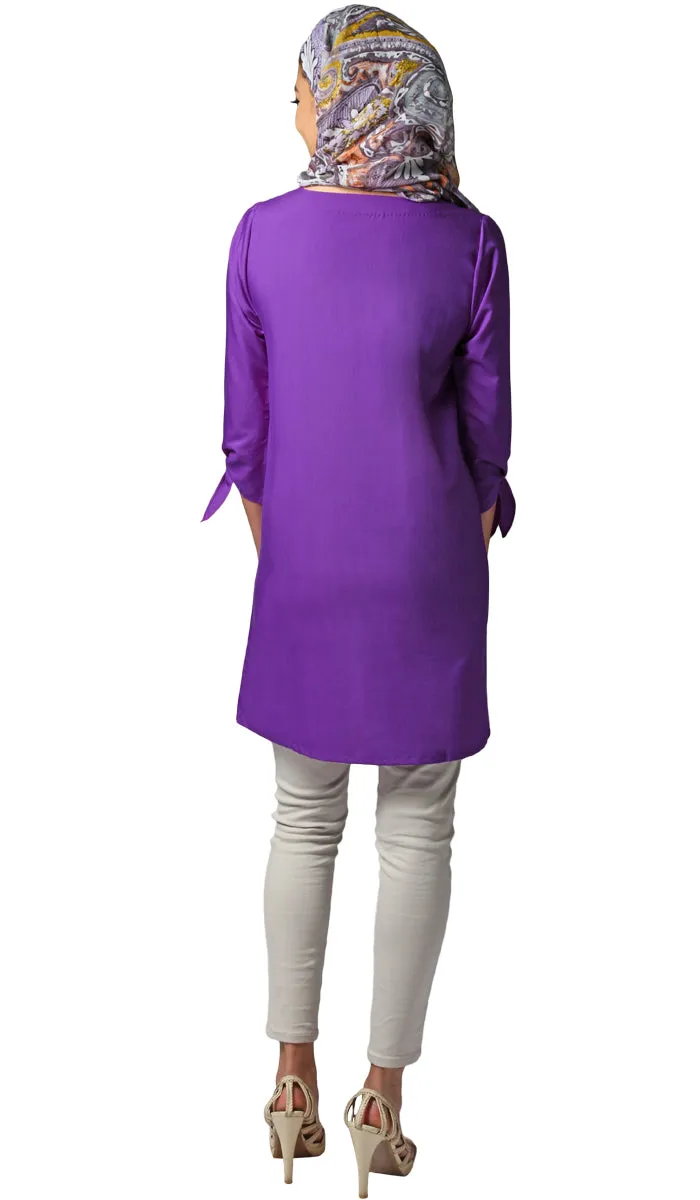 Asfa Long Modest Tunic with Tie Sleeves - Purple - FINAL SALE