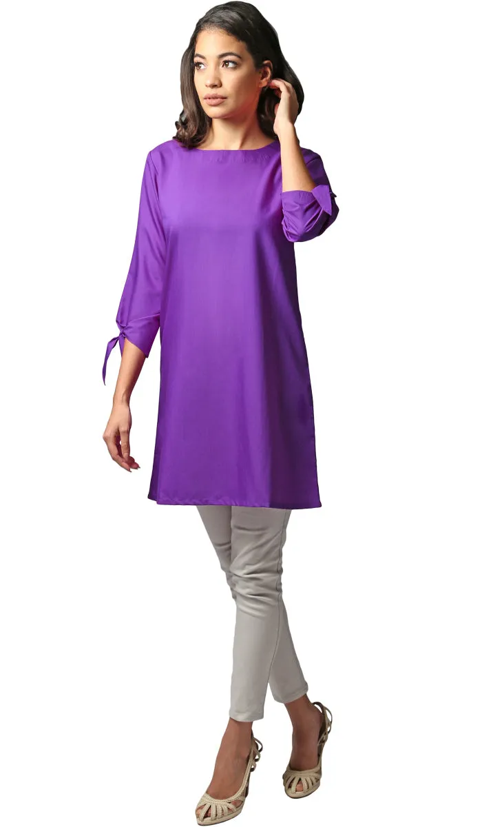 Asfa Long Modest Tunic with Tie Sleeves - Purple - FINAL SALE