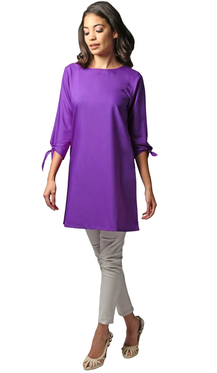 Asfa Long Modest Tunic with Tie Sleeves - Purple - FINAL SALE