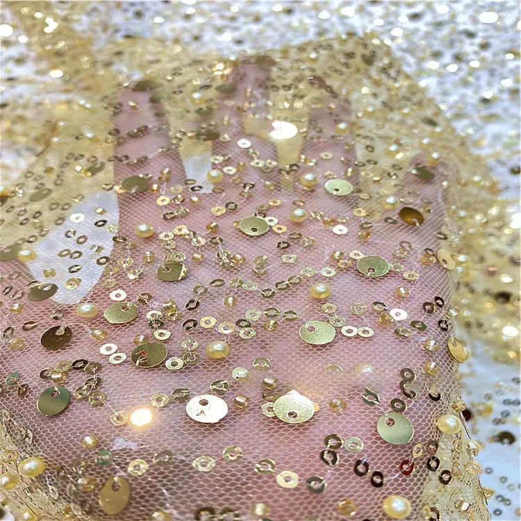 Aso Ebi Gold Prom Dresses for Special Occasions Sheer Neck Illusion Long Sleeves Beaded Sequined Lace Pearls Birthday Dress Second Reception Gowns AM944