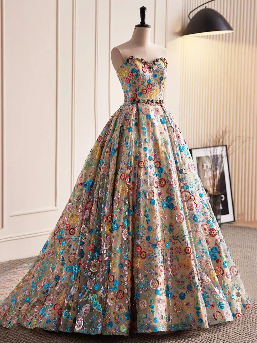 Beautiful Sequins Strapless Long Prom Dress A-Line Evening Dress Party Dress