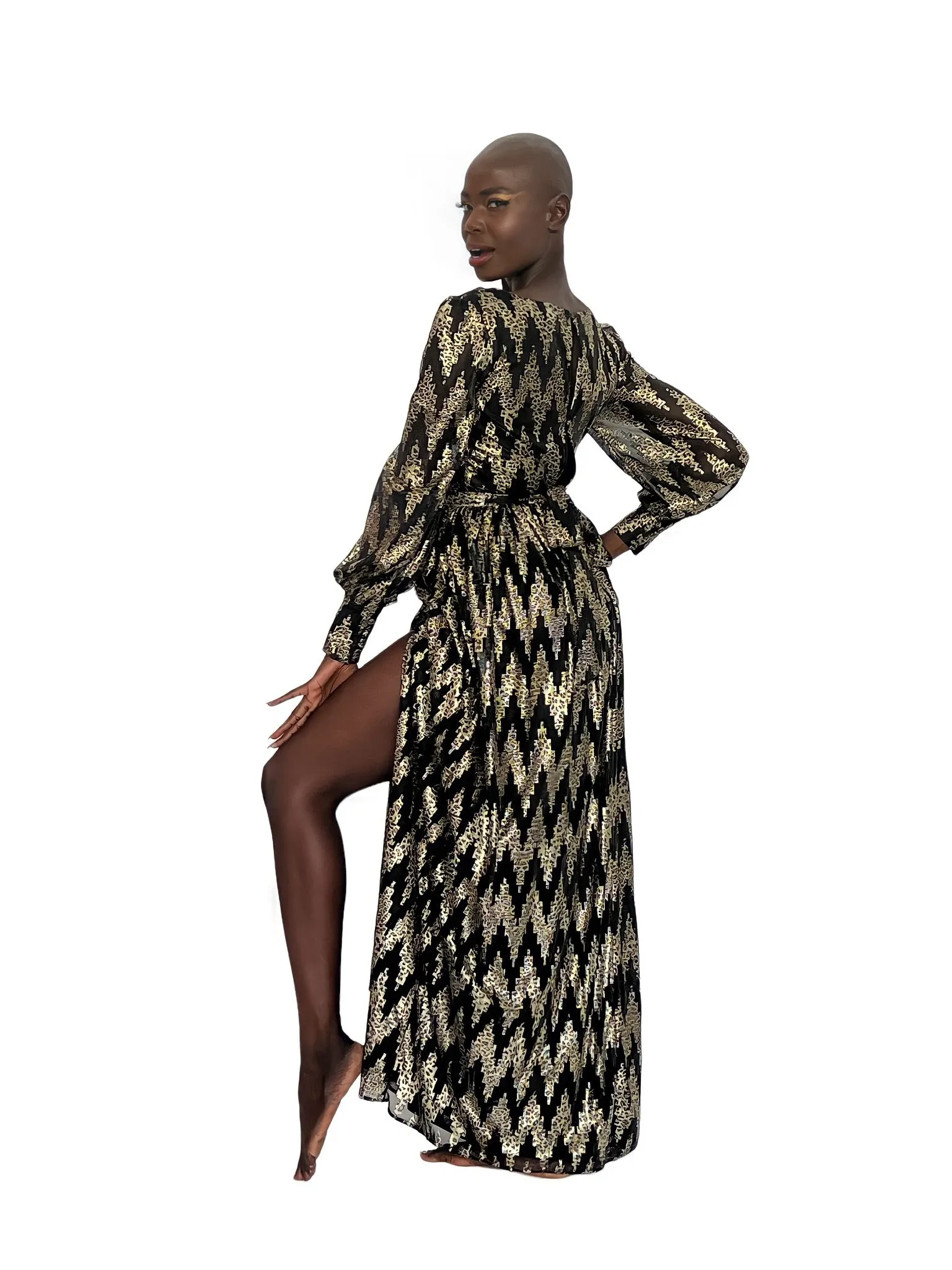 Bishop Sleeve Lurex Maxi Dress - Black/Gold