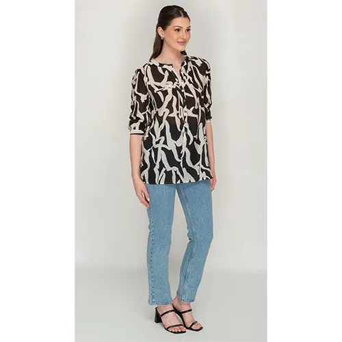 Black And White Printed , Half Button Top For Womens