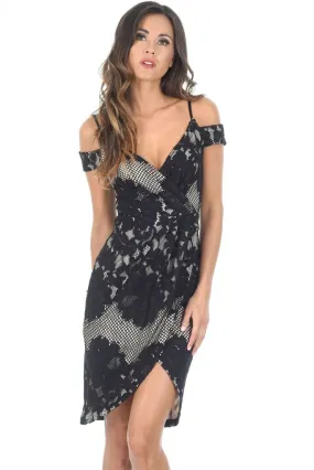 Black Contrast Lace Wrap Dress