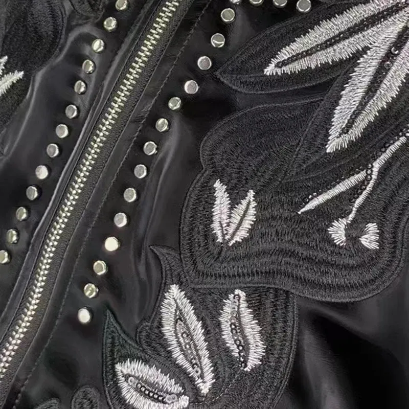 Black Embroidered Pattern Faux Leather Jacket