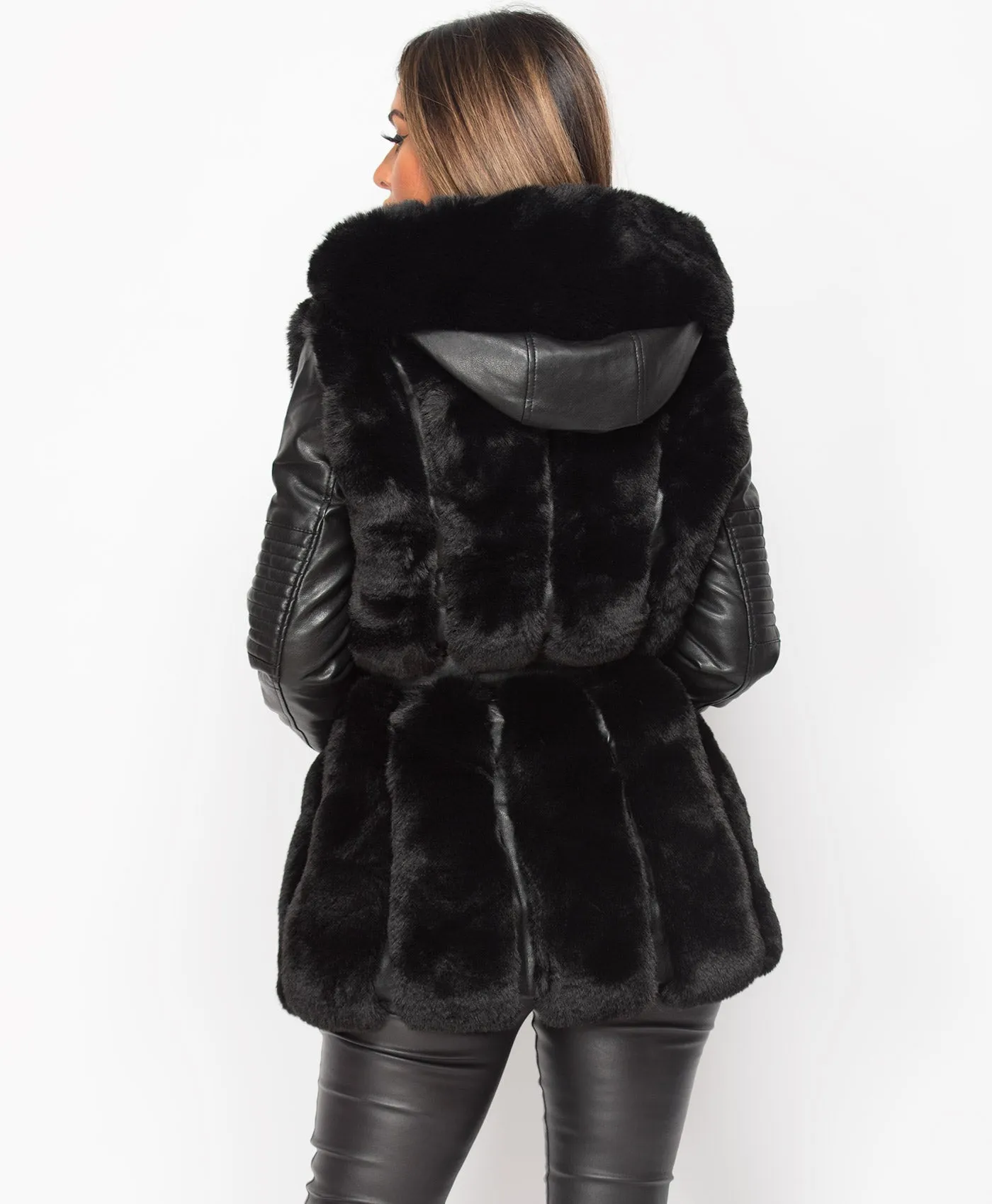 Black PU PVC Faux Leather Fur Trim Hooded Coat Jacket