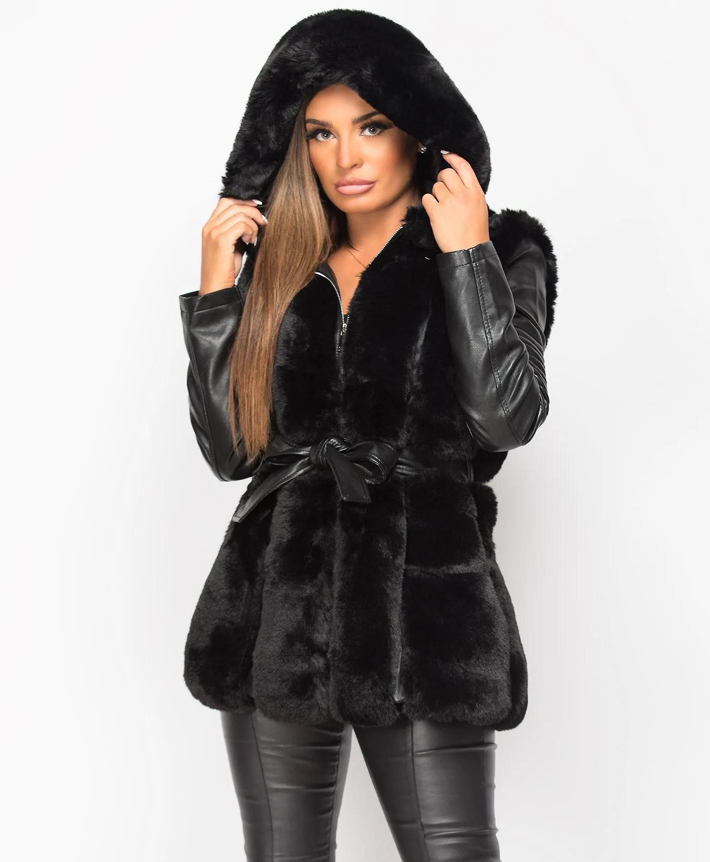 Black PU PVC Faux Leather Fur Trim Hooded Coat Jacket