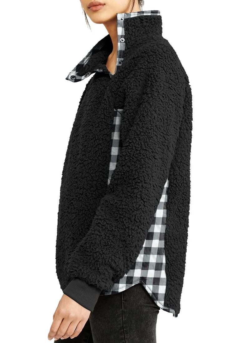 Black Split Cowl Neck Plaid Fleece Sweater Top