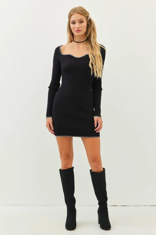 Black/Cream Sweetheart Contrast Stitch Sweater Bodycon Dress