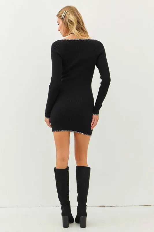 Black/Cream Sweetheart Contrast Stitch Sweater Bodycon Dress