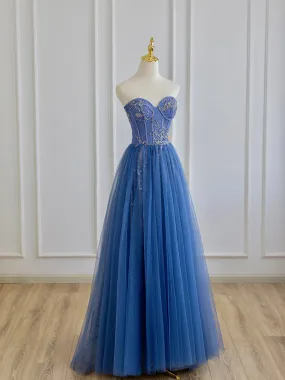 Blue Strapless Tulle Long Prom Dress with Beaded A-Line Evening Formal Dress