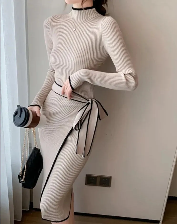 Bodycon Long Sleeve Knit Wrap Sweater Dress/Roun d neck Midi Dress