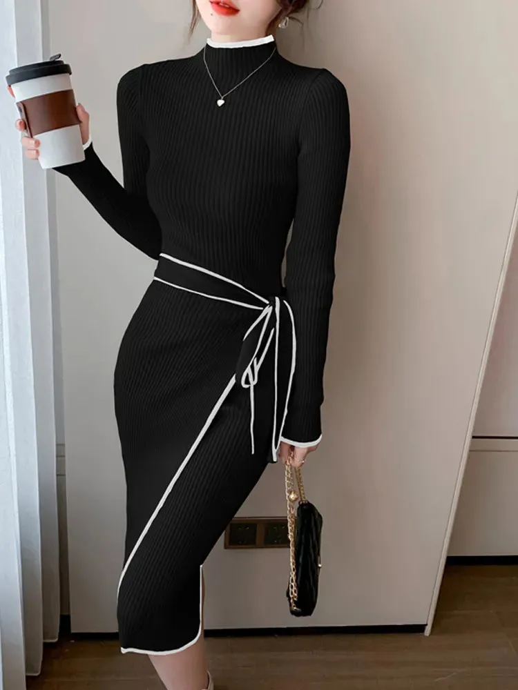 Bodycon Long Sleeve Knit Wrap Sweater Dress/Roun d neck Midi Dress