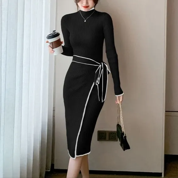 Bodycon Long Sleeve Knit Wrap Sweater Dress/Roun d neck Midi Dress