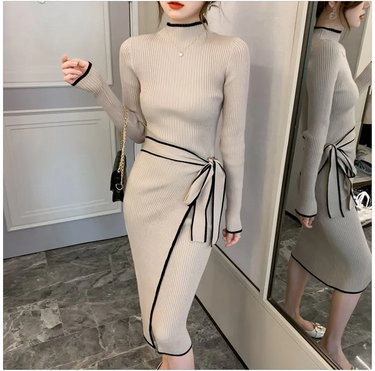 Bodycon Long Sleeve Knit Wrap Sweater Dress/Roun d neck Midi Dress