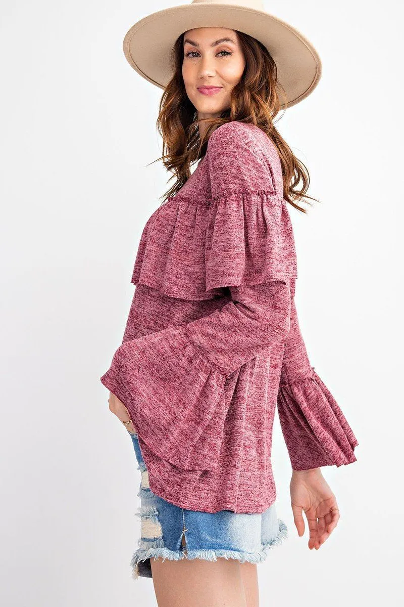 Bold Ruffles Featuring Overlay Accents Girly And Chic Bell Sleeve  2tone Hacci Tunic