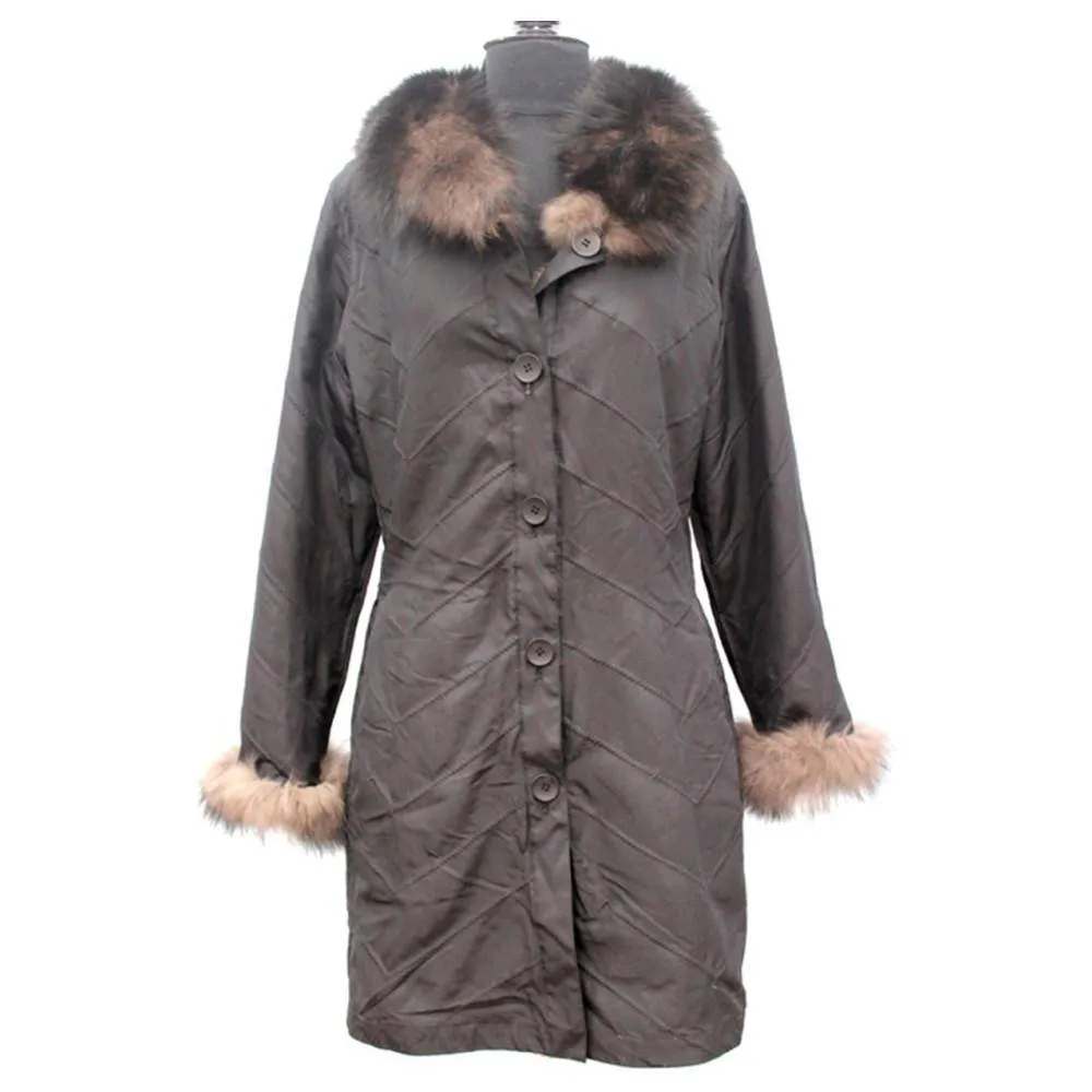 Brown Striped Reversible Solid Fox Fur to Solid with Fur Trim Coat