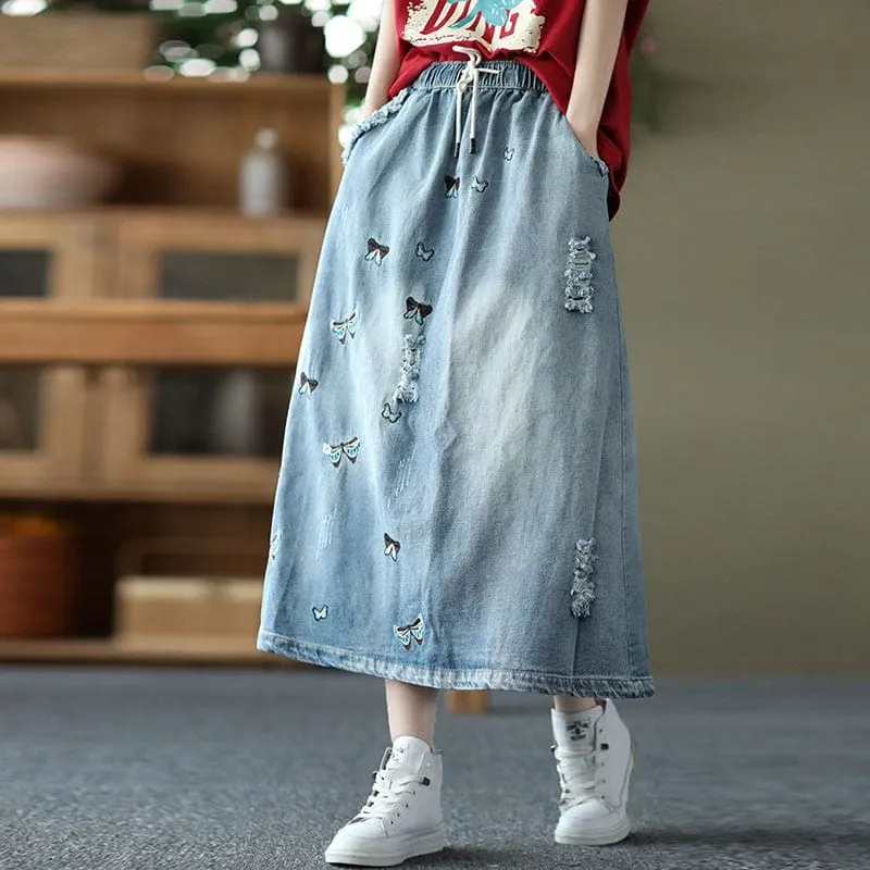 Butterfly Embroidered Vintage Denim Skirt