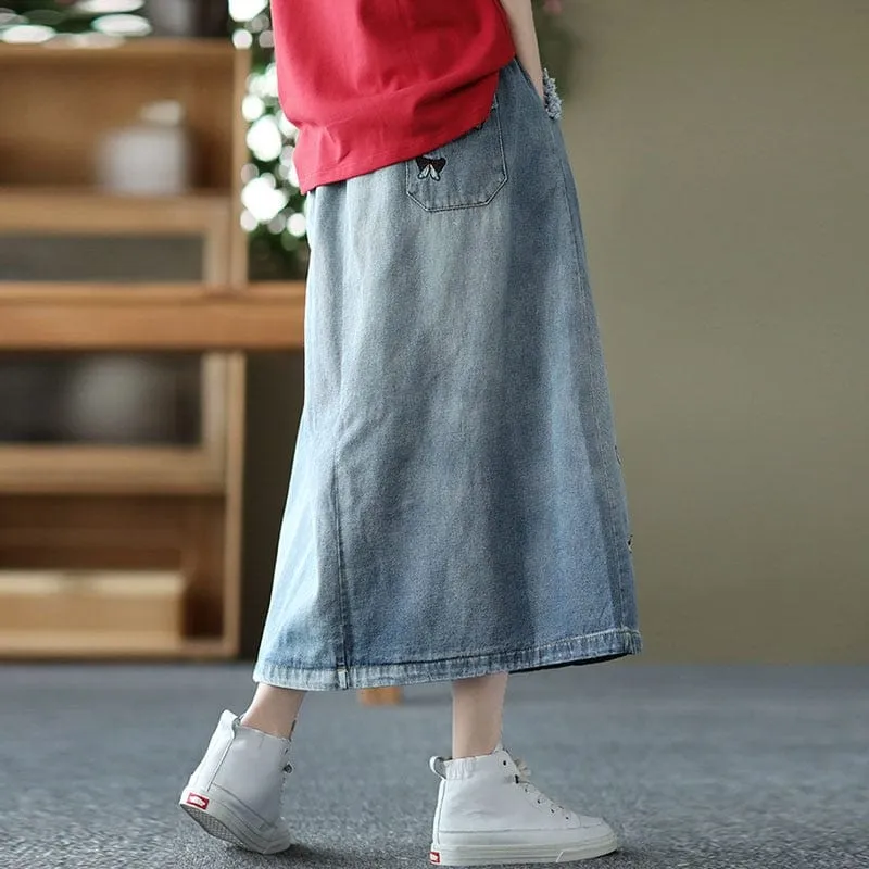 Butterfly Embroidered Vintage Denim Skirt