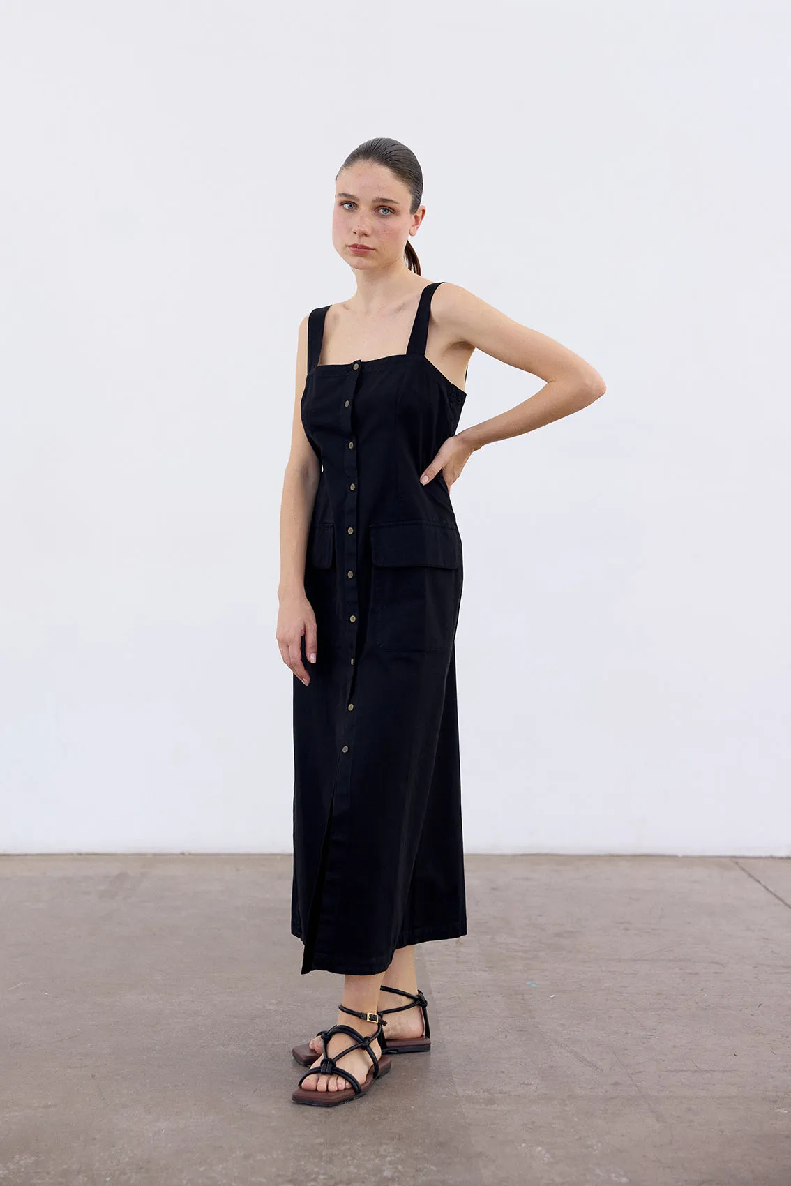 Buttoned Sleeveless Cotton Dress - Ónix