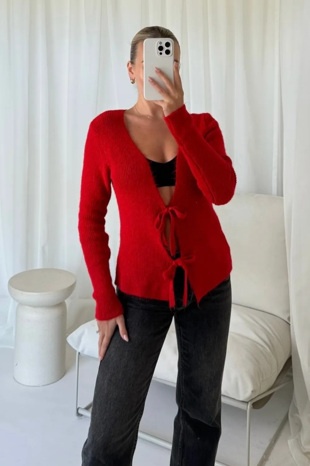 Carly red tie front cardigan