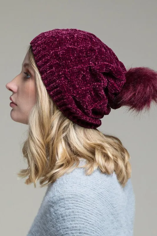 Chenille Beanie With Pom Pom