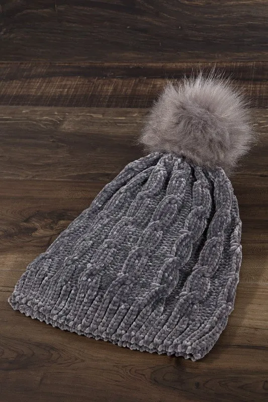 Chenille Beanie With Pom Pom