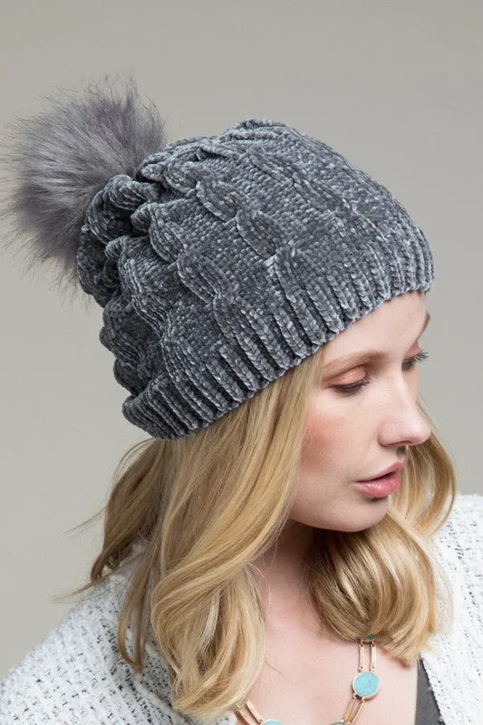 Chenille Beanie With Pom Pom