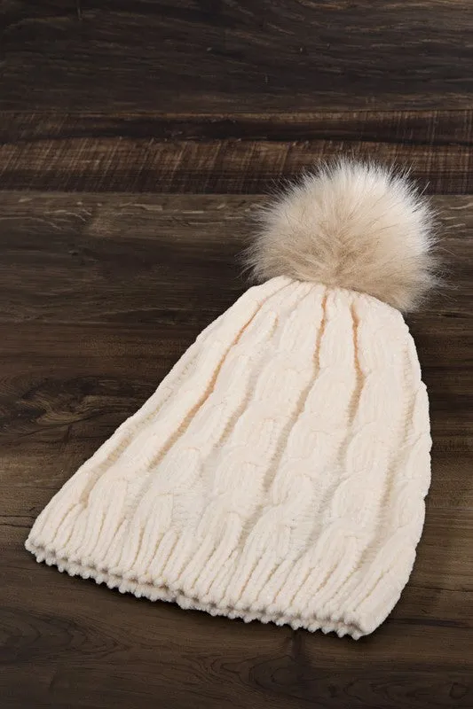 Chenille Beanie With Pom Pom