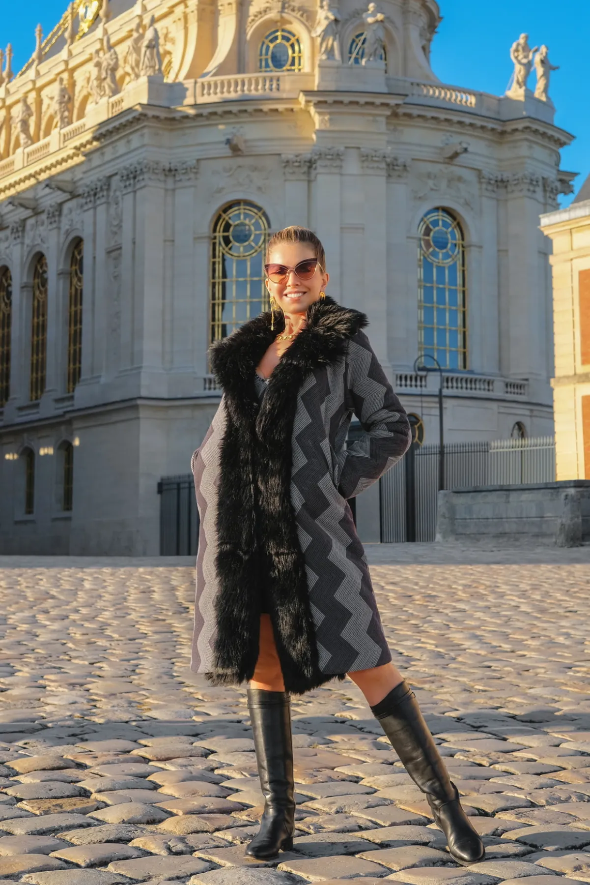 Chevron Fur Coat - Blue