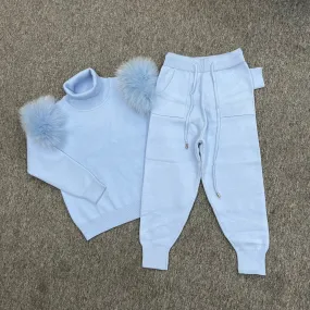 Childrens Baby Blue Luxury Fur Roll Neck Jogger Tracksuit