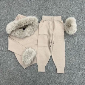 Childrens Beige Premium Faux Fur Hood & Cuff Tracksuit