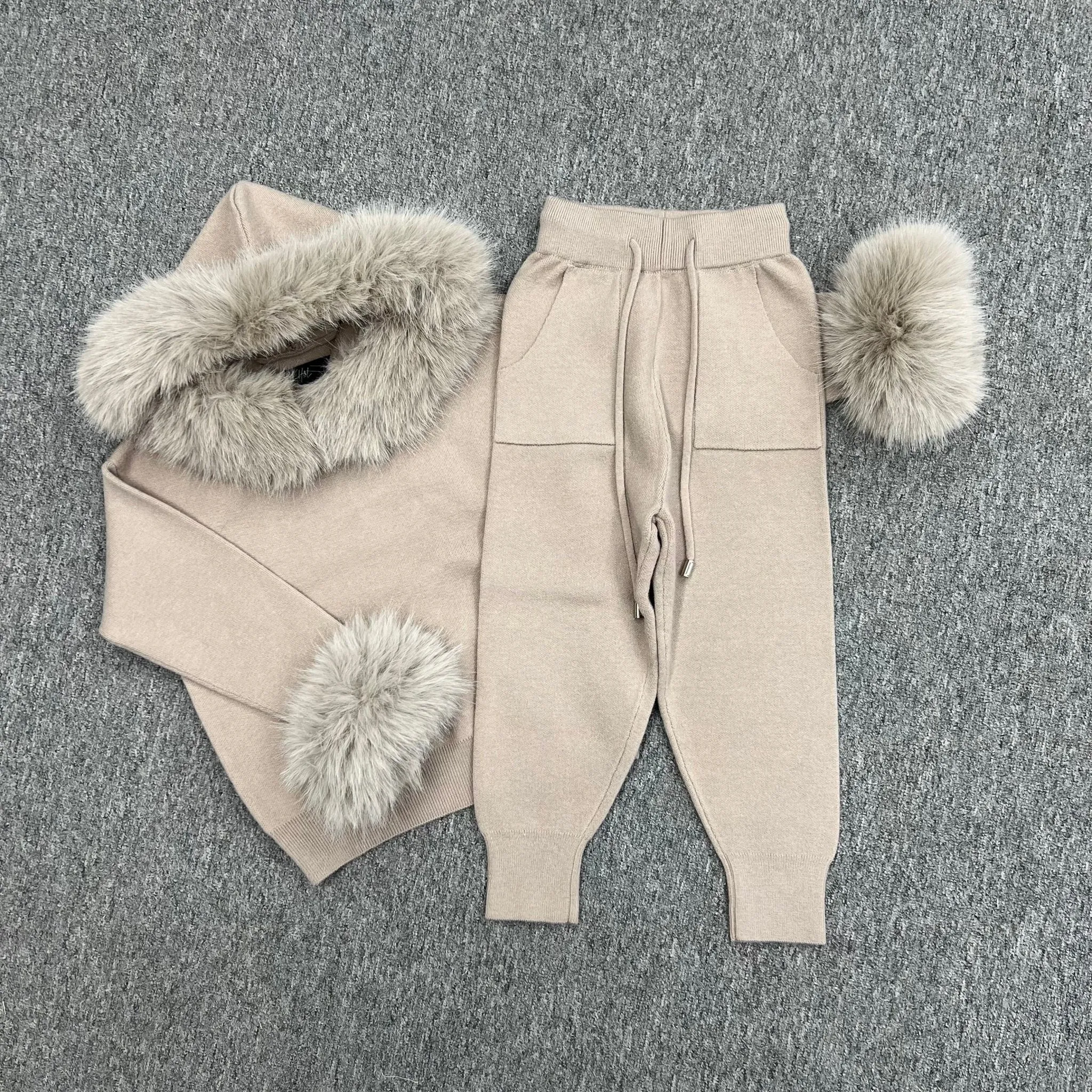 Childrens Beige Premium Faux Fur Hood & Cuff Tracksuit