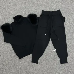 Childrens Black Luxury Fur Roll Neck Jogger Tracksuit