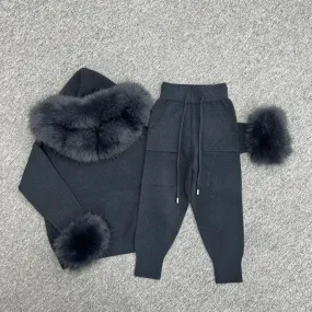 Childrens Charcoal Premium Faux Fur Hood & Cuff Tracksuit