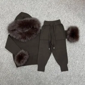 Childrens Chocolate Premium Faux Fur Hood & Cuff Tracksuit