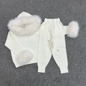 Childrens Cream Premium Faux Fur Hood & Cuff Tracksuit