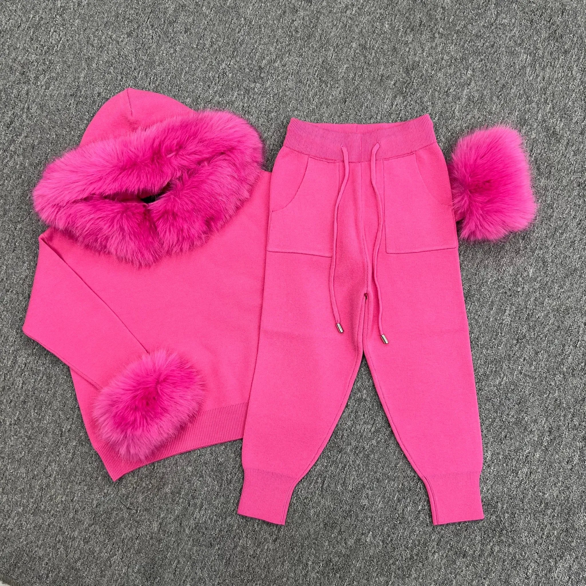 Childrens Hot Pink Premium Faux Fur Hood & Cuff Tracksuit