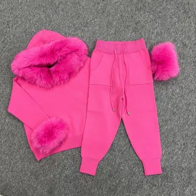 Childrens Hot Pink Premium Faux Fur Hood & Cuff Tracksuit