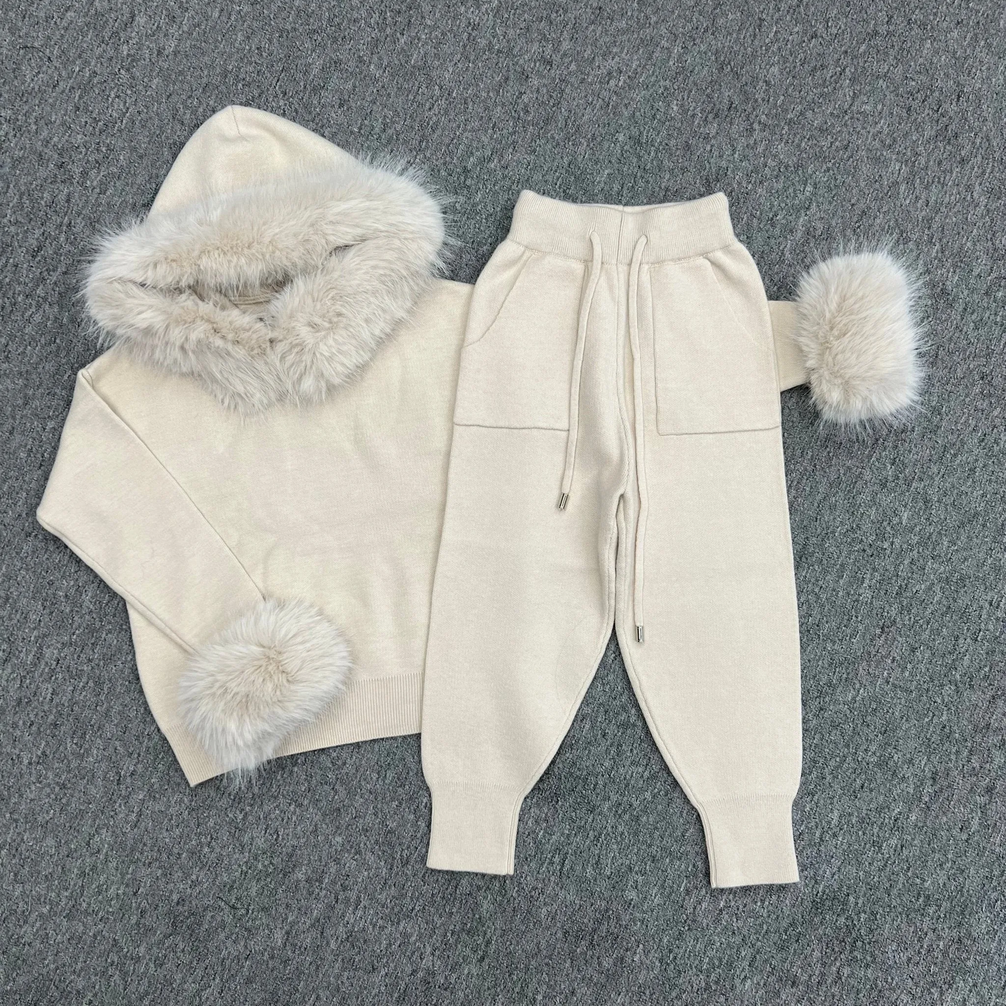 Childrens Light Beige Premium Faux Fur Hood & Cuff Tracksuit