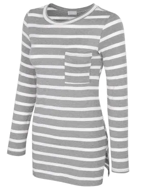 [Clearance] Womens Long Sleeve Striped Tunic Top with Chest Pocket