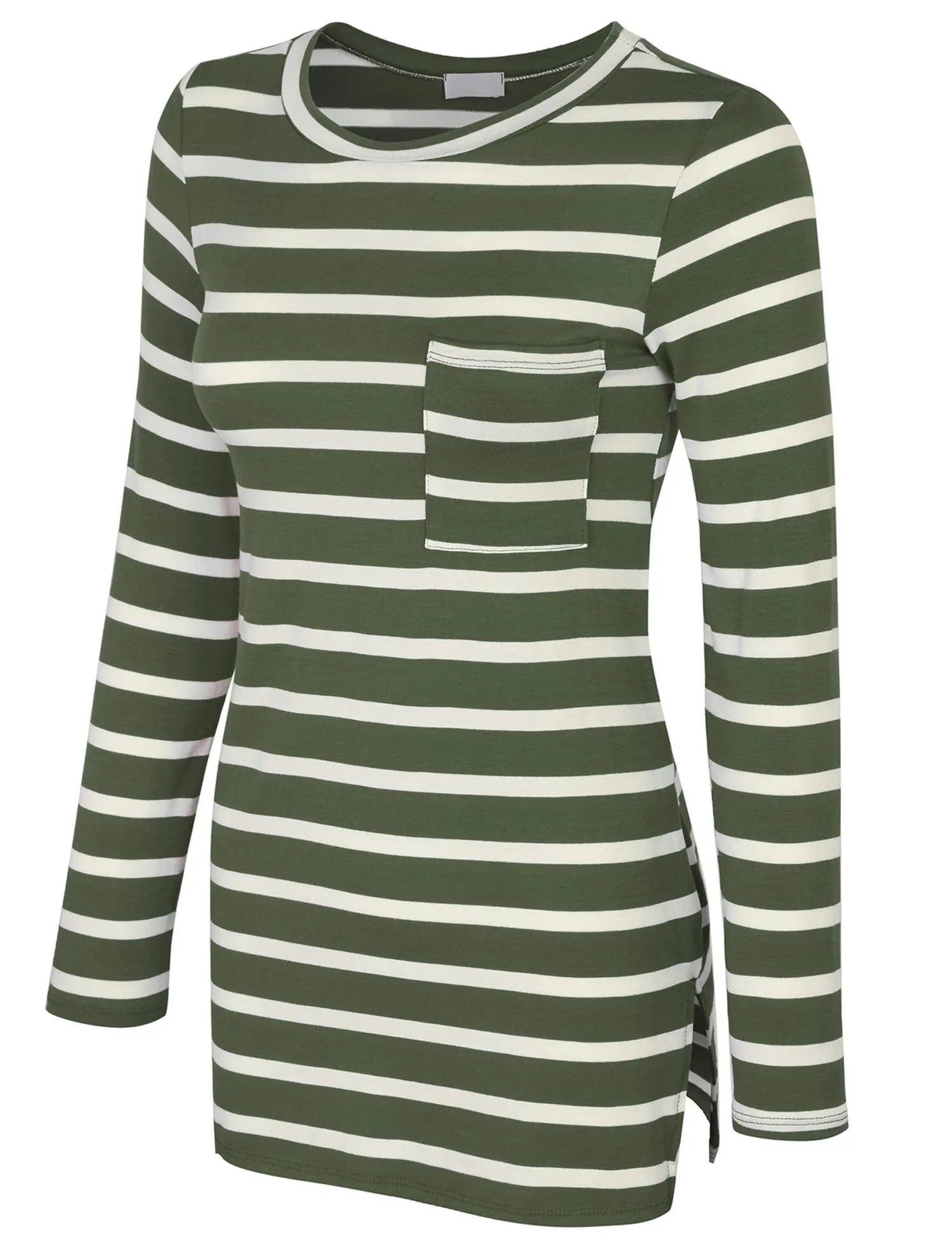 [Clearance] Womens Long Sleeve Striped Tunic Top with Chest Pocket