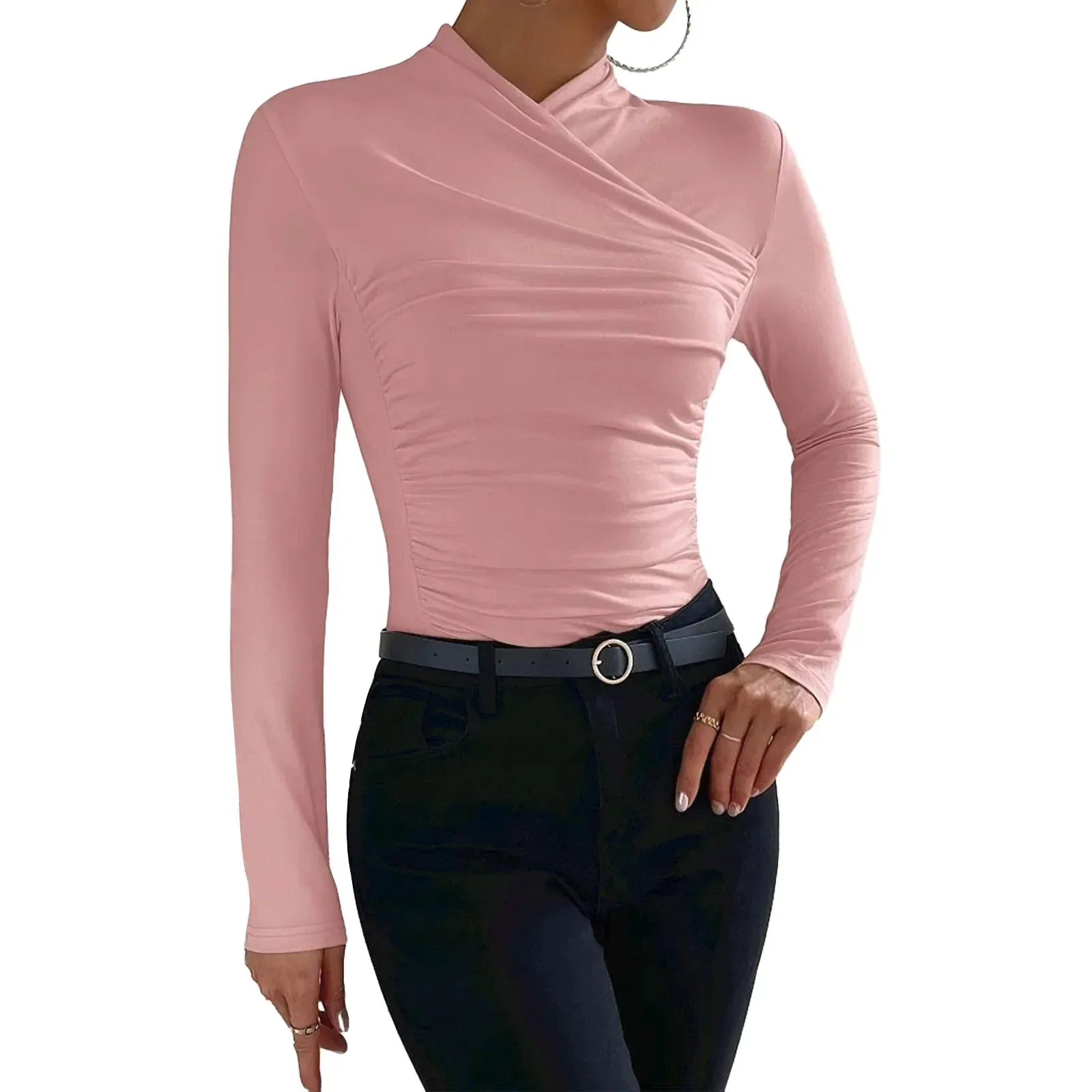 Color Ruched Slim Fit Long Sleeve Short Sleeve Tunic Solid T-shirt