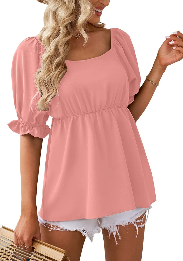 Coral Almond Blouses for Women Business Causal Peplum Dressy Tops Ruffle Puff Sleeve Elegant Work Tunic