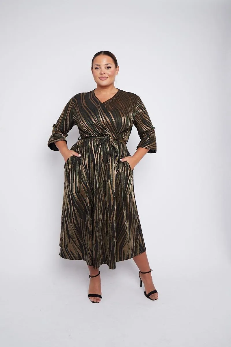 Dani Sparkle Faux Wrap Dress in Gold And Green Stripe