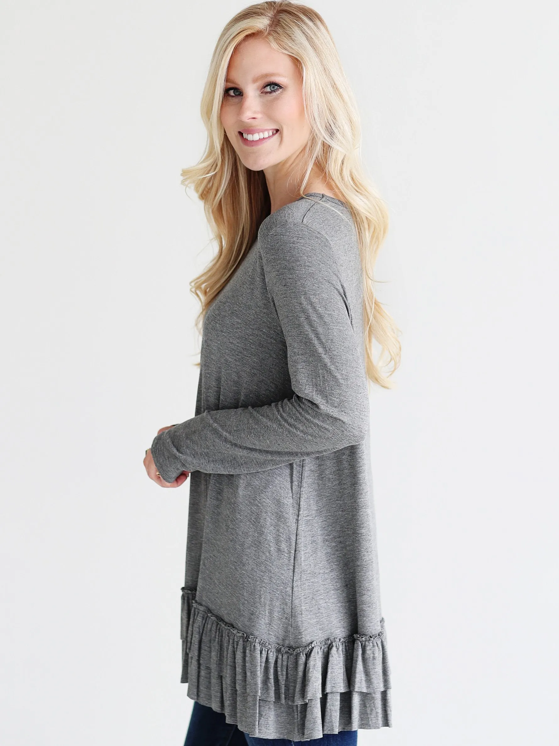 Dark Heather Gray DLMN Double Ruffle Tunic