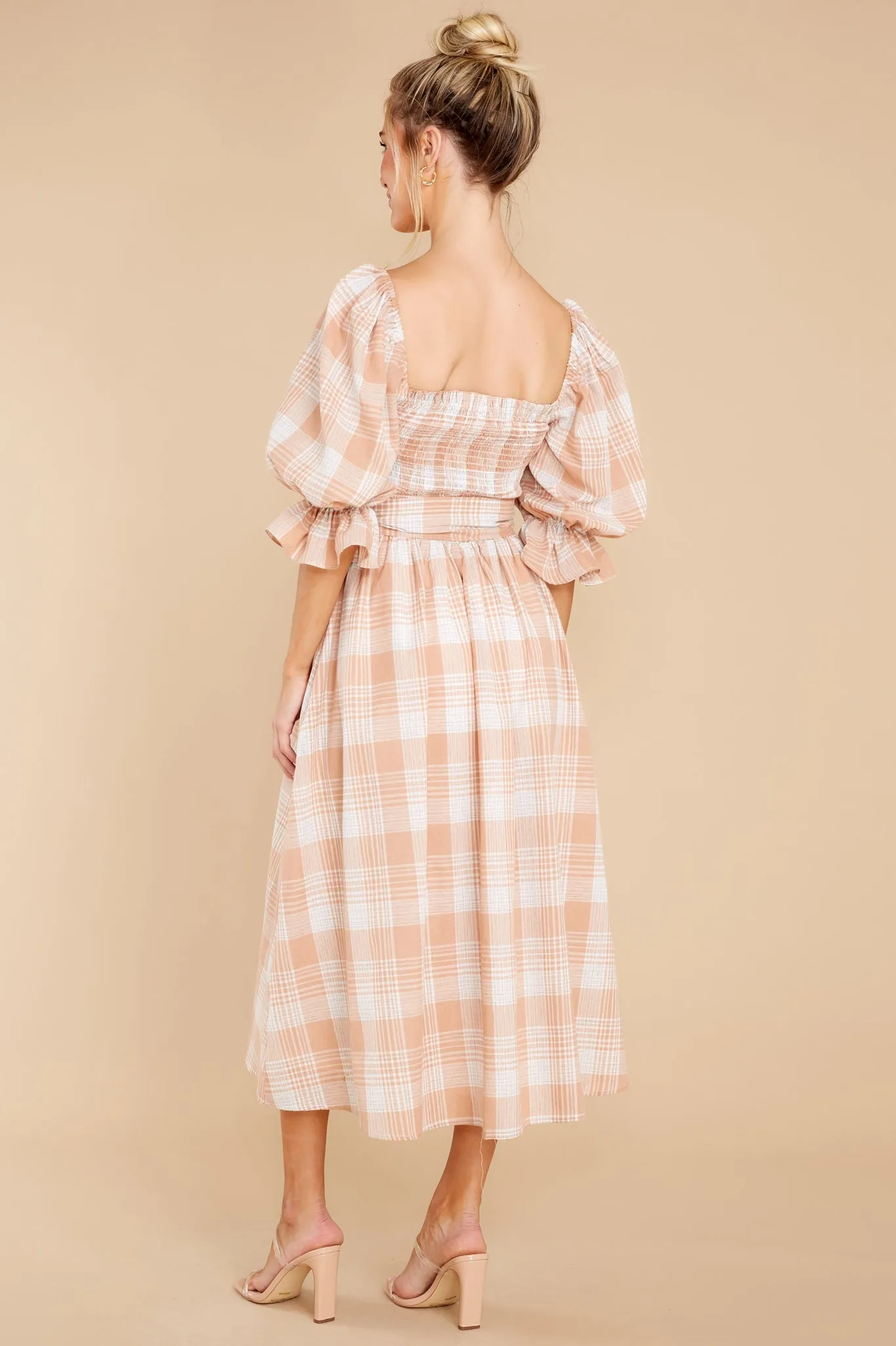 Daydreaming About Me Peach Plaid Midi Dress