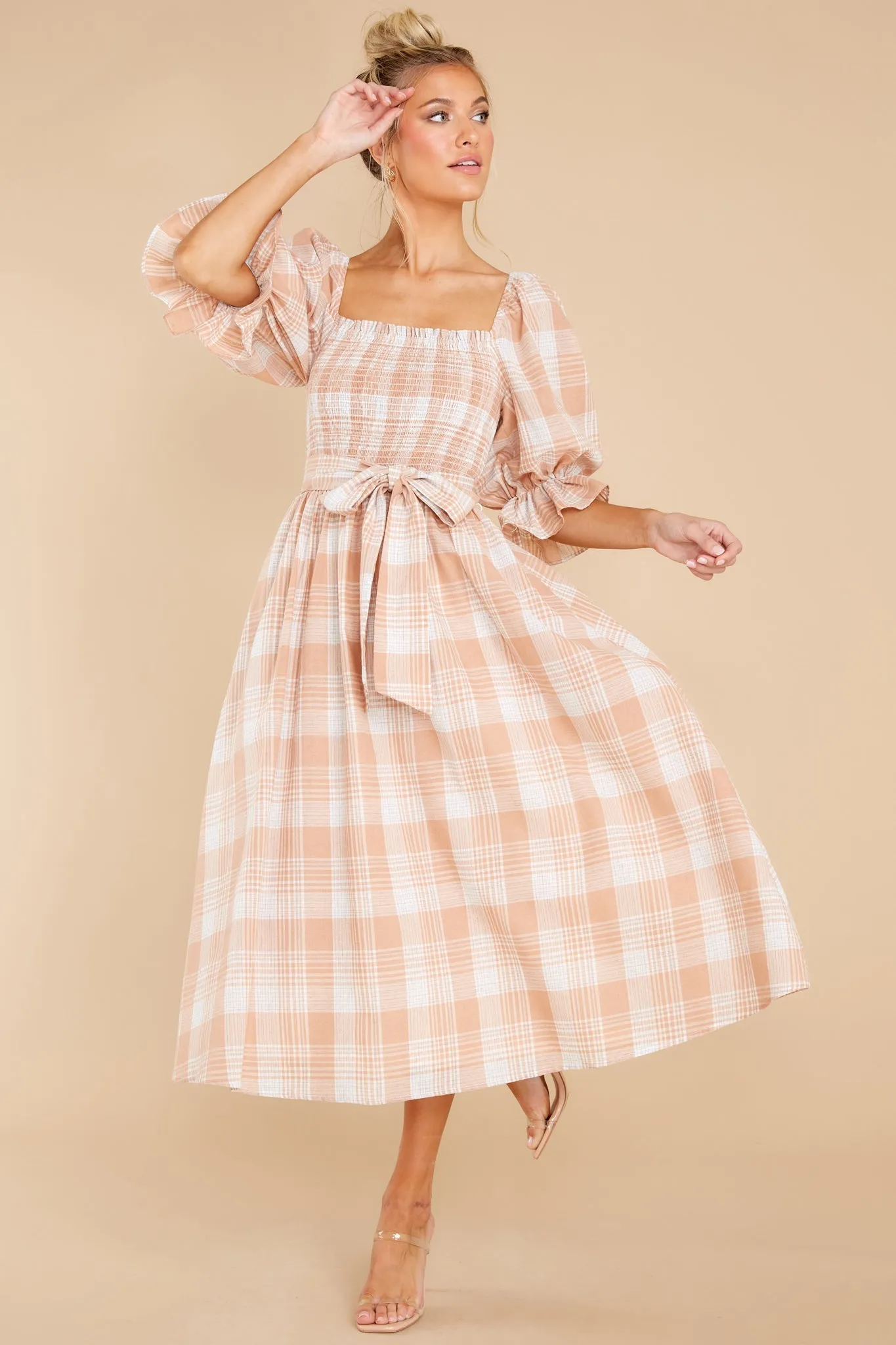 Daydreaming About Me Peach Plaid Midi Dress