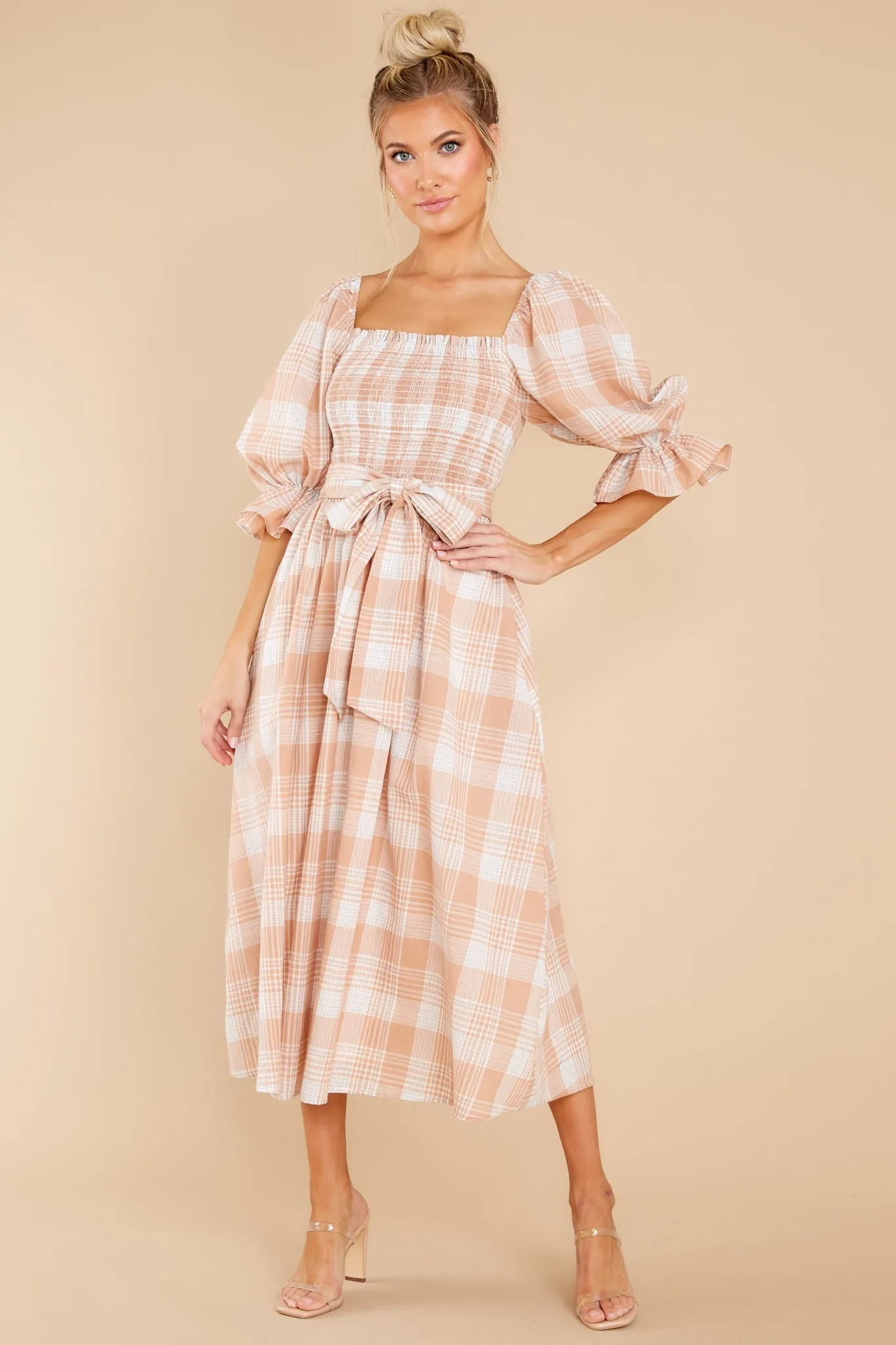 Daydreaming About Me Peach Plaid Midi Dress