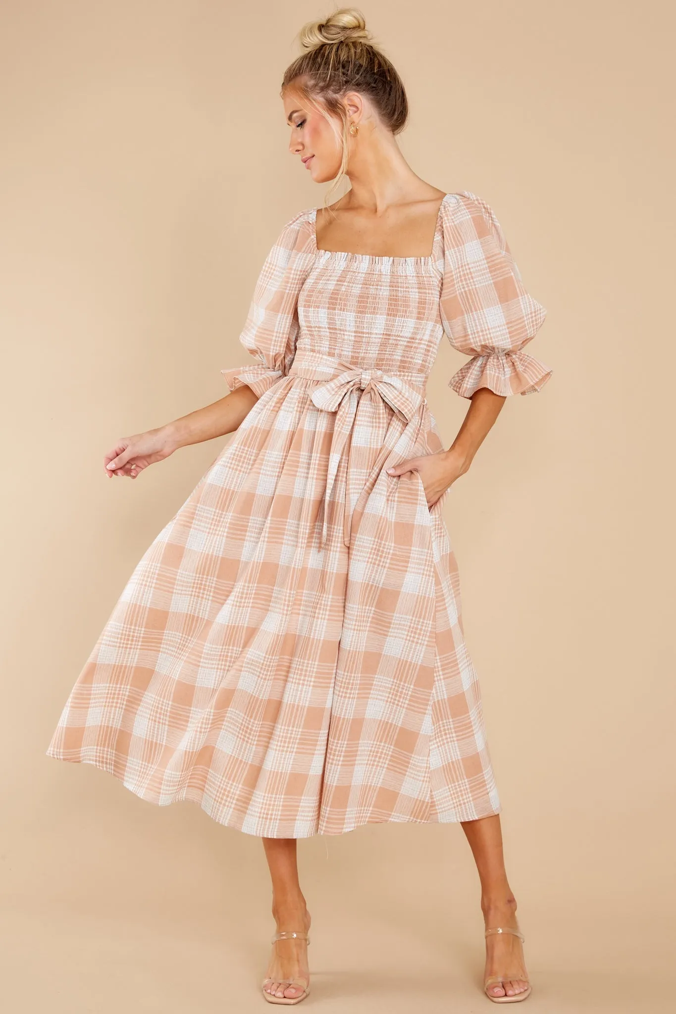 Daydreaming About Me Peach Plaid Midi Dress